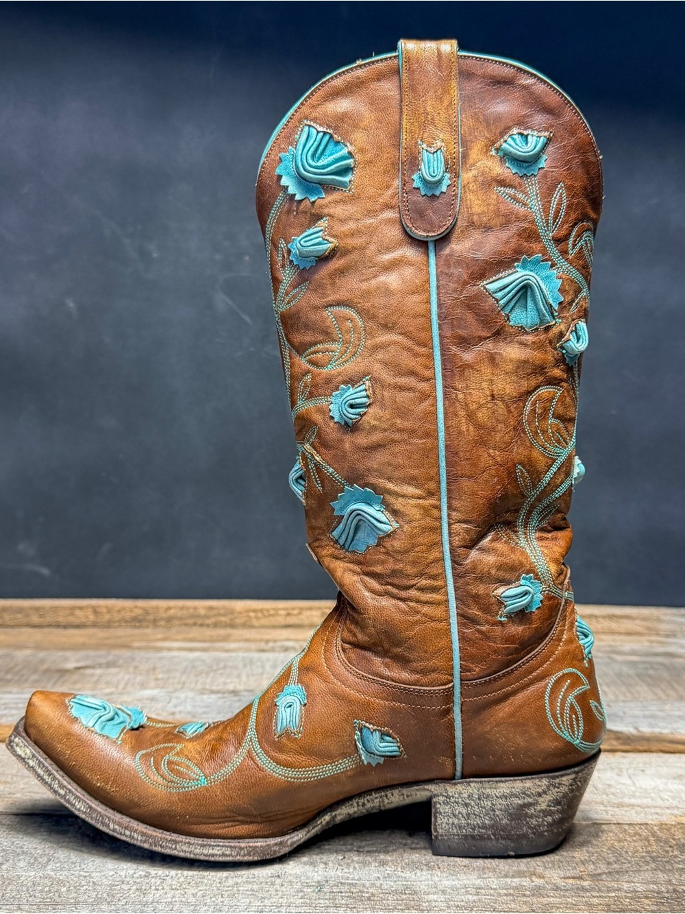 Old Gringo Embroidered Tall Leather Cowgirl Boots - Brown with Turquoise Accent - Picture 8 of 11